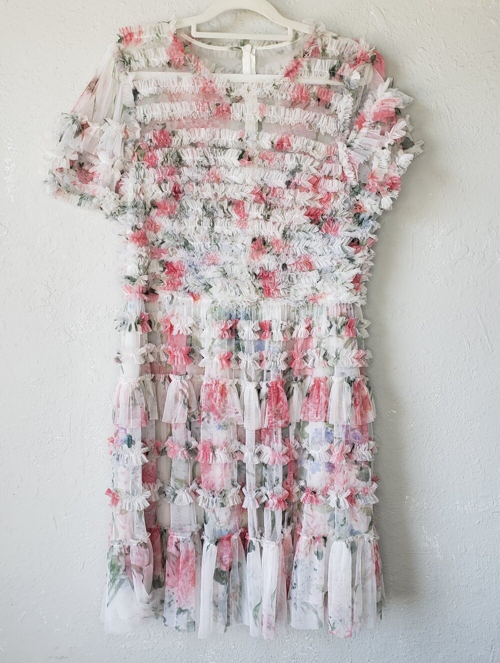 Needle & Thread White Mini Dress with Pink & Green Floral Texture